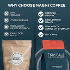 Magni Coffee - Whole Beans - Medium Roast - Low Acid - Single Origin USDA Organic Non-GMO Beans Third Party Tested For Mycotoxins & Pesticides - Fair Trade -12 Oz