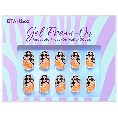 BTArtbox Press On Nails Short - Halloween Press On Nails Oval Fake Nails with Nail Glue, Fit Perfectly & Natural False Nails in 15 Sizes Soft Gel Glue On Nails Kit, Waves Chess