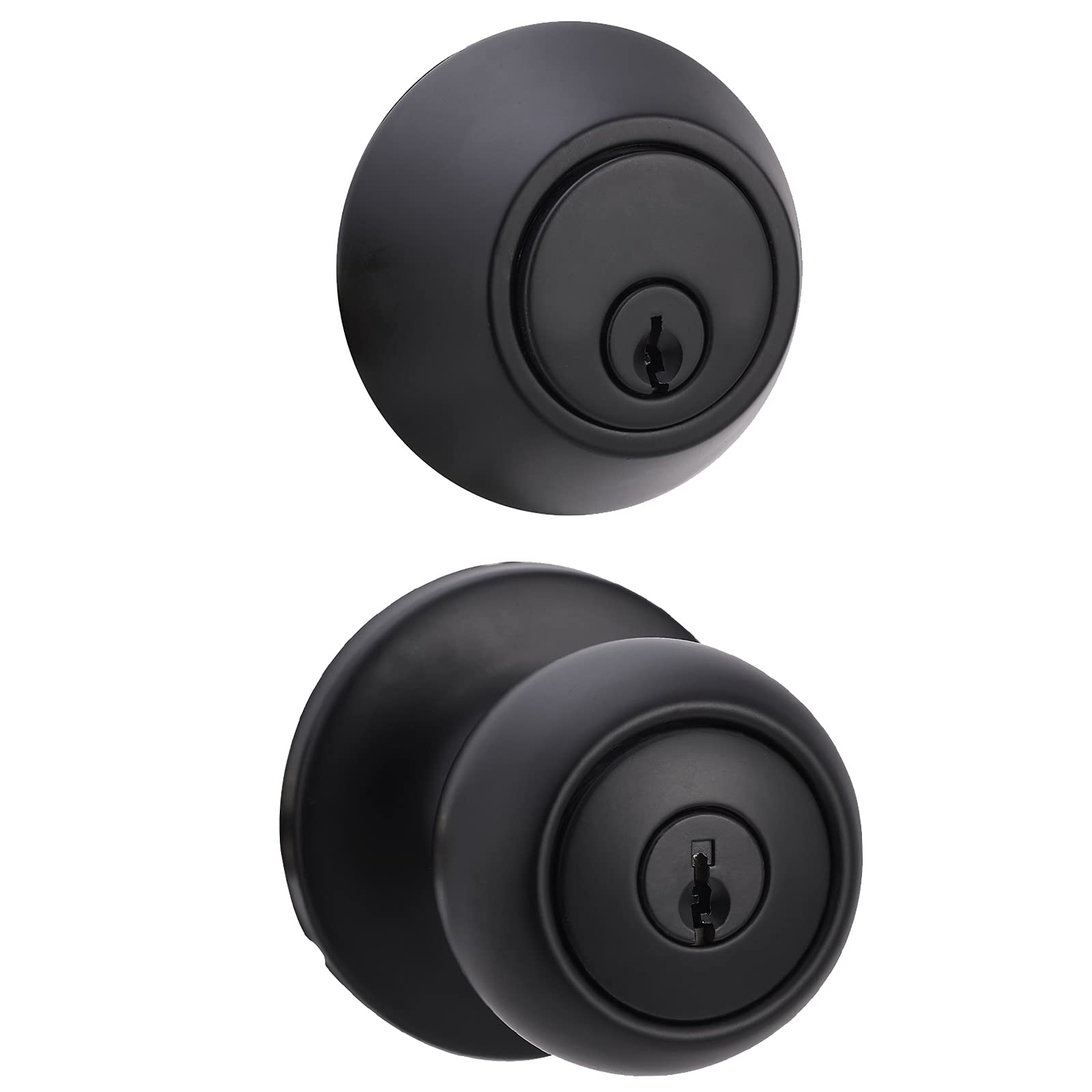 Amazon Basics Exterior Door Knob with Key Lock and Deadbolt, Keyed Alike, Coastal, Matte Black