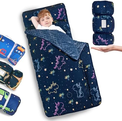 Primlect Thickened Toddler Nap Mat with Removable Pillow and Minky Blanket, Extra Large 55''x35'' Sleeping Bag, Washable, Roll up, Perfect for Daycare, Preschool, Kindergarten, Boys and Girls Unicorn