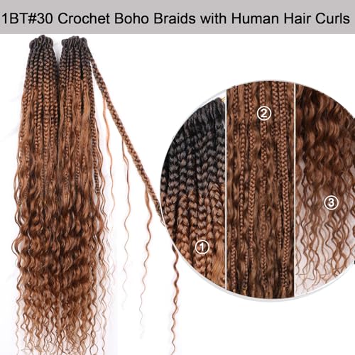 BLG Crochet Boho Box Braids with Human Hair Curls Brown Curly Human Hair Boho Crochet Braids with Curly Ends Pre Looped Bohemian Crochet Braids for Black Women 24 Inch 2 Pack 80 Strands