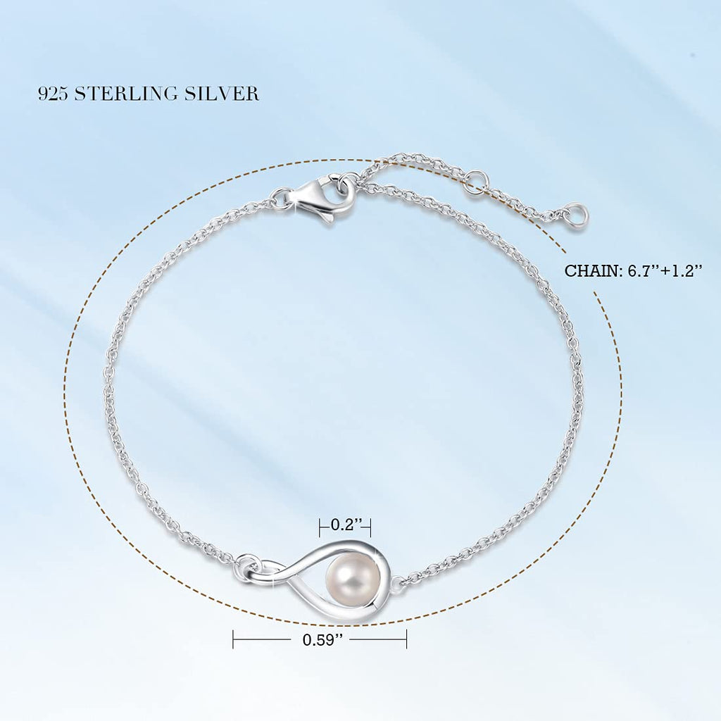 FANCIME White Pearl Bracelets June Birthstone Bracelet for Women Sterling Silver Infinity Link Bracelet Fine Jewelry Anniversary Birthday Mothers Day Gifts for Mom Her, Chain 6.7+1.2"