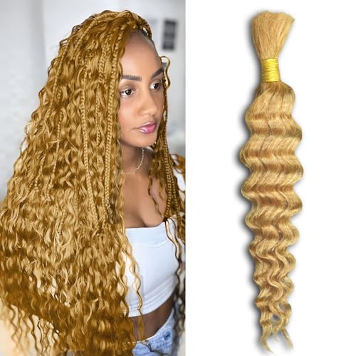 #27 Honey Blonde 14 Inch 1 Bundle 50g Deep Curly Wave Bulk Human Hair for Braiding Unprocessed Brazilian Water Wave Human Braiding Hair for Boho Braids Wet and Wavy