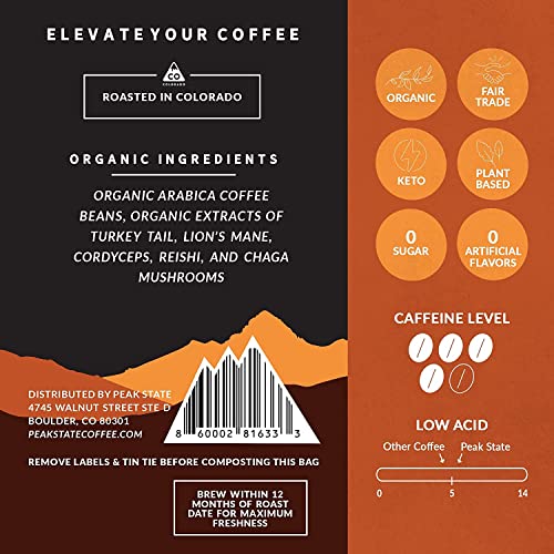 Peak State Coffee with Functional Mushrooms, Low Acid, Whole Bean (FOCUS, BOOST IMMUNITY, & DESTRESS) (Immunity Boost)