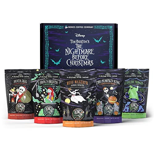 Bones Coffee Company The Nightmare Before Christmas Collector's Box Sample Pack Gift Set, Pack of 5 Flavored Coffee Beans, Medium Roast Ground Coffee Low Acid (4 oz, Pack of 5)