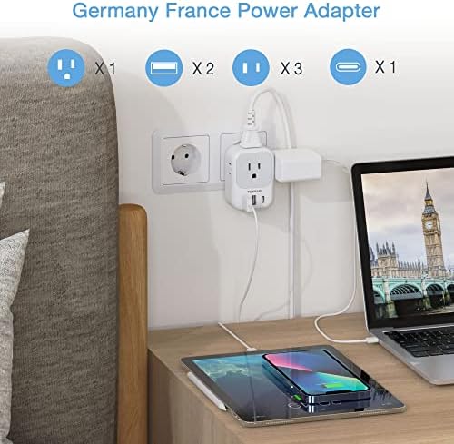 TESSAN Type E F Plug Adapter, Germany France Power Adapter with 3 USB Ports(1 USB C), 4 AC Outlets Travel Adaptor for US to Europe EU Spain Iceland Korea Greece Russia German French