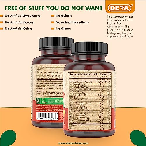 DEVA Vegan Multivitamin & Mineral Supplement with Iron 2-Pack, Spirulina, Chlorella, Ashwagandha, Broccoli & More, 90 Coated Tablets Each