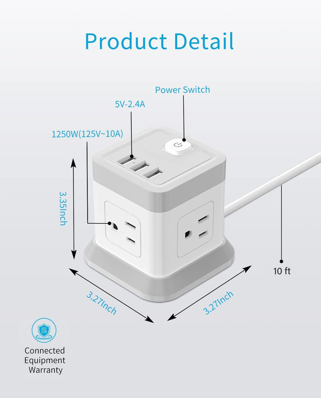 Power Strip with USB C, FDTEK Desktop Power Cube Strip, 10 FT Extension Cord with 4 Outlets and 3 USB, Compact Power Strips Tower for Travel Home Office Cruise Ship - White