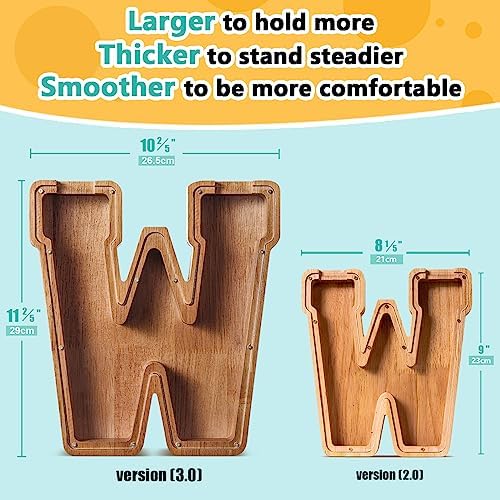 Summidate Customized Name Extra Large Wooden Piggy Bank for Kids Boys Girls Alphabets Letter A-Z Coins Bills Money Change Saving Box Clear Cover (Laser Engraved) Educational Toys 12"- Letter W