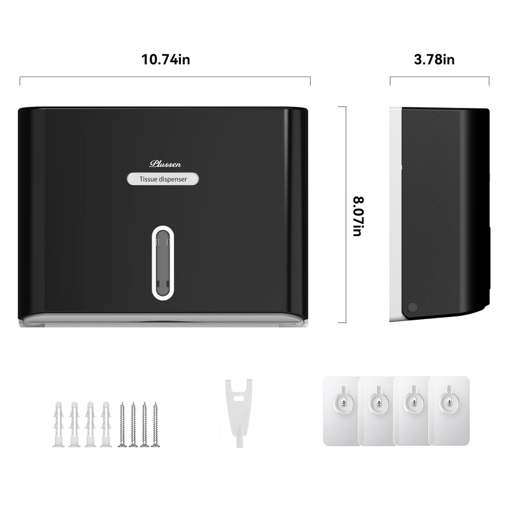 PLUSSEN Paper Towel Dispenser Wall Mount, Adhesive No Drilling Multifold Trifold C Fold Commercial Hand Towel Dispenser,Black
