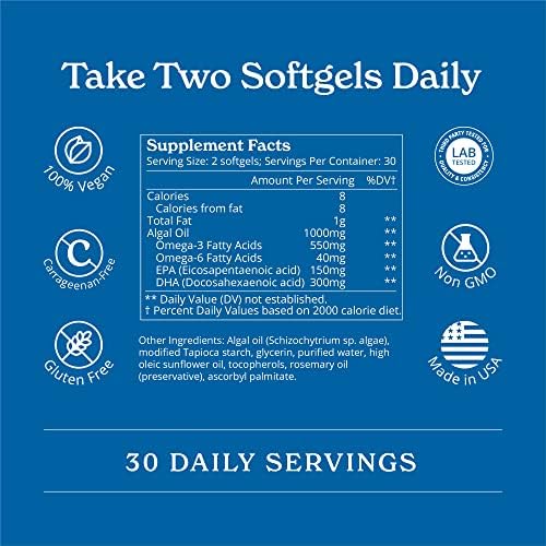 Vegan Omega 3-450mg DHA & EPA Fatty Acids - Sustainable Algae Oil - Plant-Based Fish Oil Alternative - Carrageenan-Free Softgels (120 Ct)