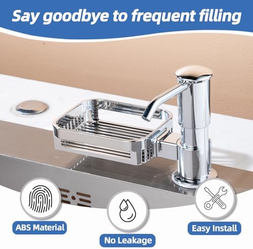 Soap Dispenser for Kitchen Sink with Sponge Holder, Built in Soap Dispenser Pump, Under Counter ABS Pump Head with 38" Extension Tube Kit, Good Suction Power, Chrome