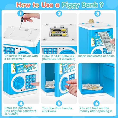 Blue Piggy Bank for Kids, Electronic Coin Money Bank, Children's Safe Money Jar Toy Age 4 7 8 9 10 11 with Password Code Lock and Auto Grab Bill Slot, Great B-Day Xmas Toy Gifts for Kids