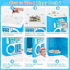 Blue Piggy Bank for Kids, Electronic Coin Money Bank, Children's Safe Money Jar Toy Age 4 7 8 9 10 11 with Password Code Lock and Auto Grab Bill Slot, Great B-Day Xmas Toy Gifts for Kids