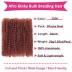 Unionbeauty Afro Kinky Bulk Hair for Micro Twist 8 Inch 3 Packs Ginger Braiding Hair for Dreadlock Extensions Curly Braiding Loc Repair Boho Braids Mini Passion Twist for Black Woman 30g/Pack 350#