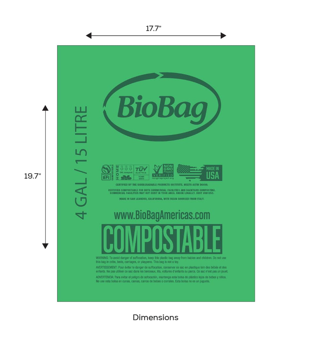 4 Gallon Compostable Trash Bags by BioBag, 75 Count, BPI Certified, Meets ASTM D6400 Standards, Made in USA, Small Kitchen & Bathroom Liners
