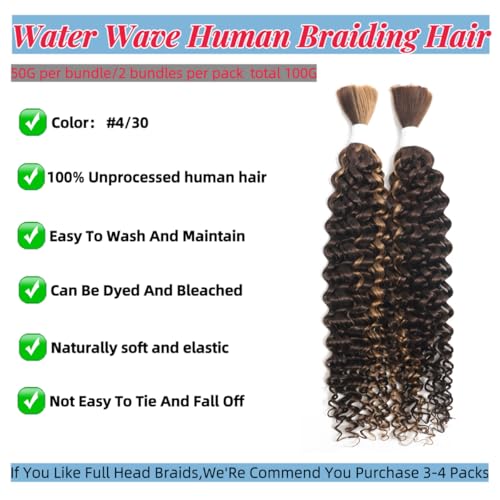 4/30 Human Braiding Hair Water Wave Bulk Human Hair for Braiding No Weft 2 Bundles 100g 24inch 10A Brazilian Virgin Hair Extensions Curly Bulk Human Hair for Boho Braids