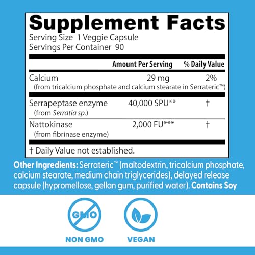 Doctor's Best Natto Serra for Men & Women - Nattokinase and Serrapeptase Enzyme Supplement, Caps for Circulatory & Immune Health Support, Optimal Digestive Absorption, Non GMO, Vegan - 90 Veg Capsules