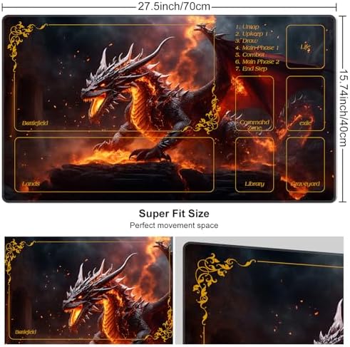 DEGDFSGR MTG Playmat with Zones 27.5" x 15.74" inches, Non-Slip Rubber Base, Commander Playmat for Magic The Gathering, The Fire Dragon On The Rock