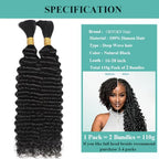 Human Braiding Hair for Boho Braids Deep Water Wave Bulk Human Hair 110g 16 Inch Curly Wave for Boho Braids Extensions No Weft 12A Wet and Wavy 2 Bundles/Pack Natural Color