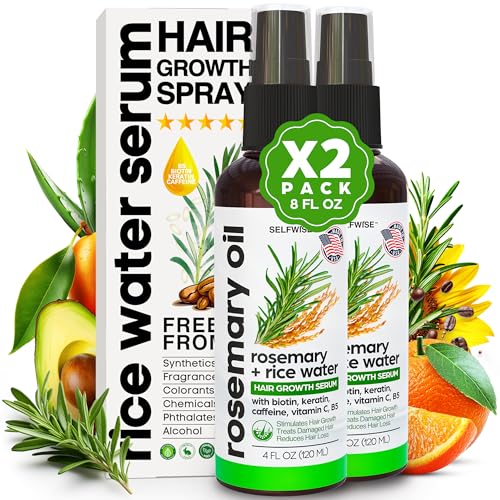 Rosemary Oil and Rice Water Hair Growth Spray - Serum with Biotin, Keratin, Caffeine, Vitamins C & B5 for Hair Mask, Hair Care, Scalp Treatment, Thickening Dry Damaged Hair for Women & Men 8oz