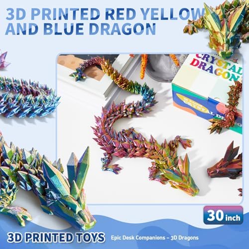 Large 3D Printed Dragon,30 Inch 3D Dragon Toys,Bigger Fidget Crystal Animals Toys, 3D Printed Articulated Animals for Home Office Car Desk Decor (Red Gold Blue, 30 inch)