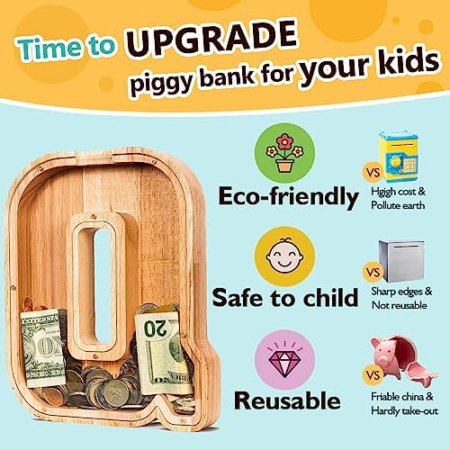 SummiDate Wooden Letter Piggy Bank| Piggy Bank for Boys Girls Toddler| Alphabet Q Money Bank| Coin Bank Birthday Gift for Kids|Birthday Gift for Kids (Q)