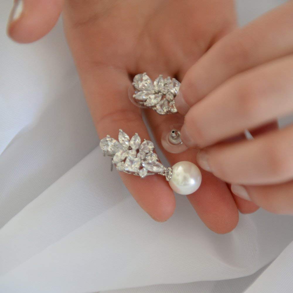 Mariell Pearl Drop & Dangle Bridal Earrings with CZ Crystal Cluster, Statement Jewelry for Bride, Mother of the Bride