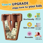 Summidate Customized Name Extra Large Wooden Piggy Bank for Kids Boys Girls Alphabets Letter A-Z Coins Bills Money Change Saving Box Clear Cover (Laser Engraved) Educational Toys 12"- Letter V