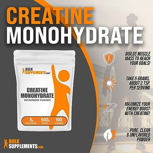 BulkSupplements.com Creatine Monohydrate Powder - Creatine Pre Workout, Creatine for Building Muscle - 5g (5000mg) of Micronized Creatine Powder per Serving, Creatine Monohydrate 500g (1.1 lbs)