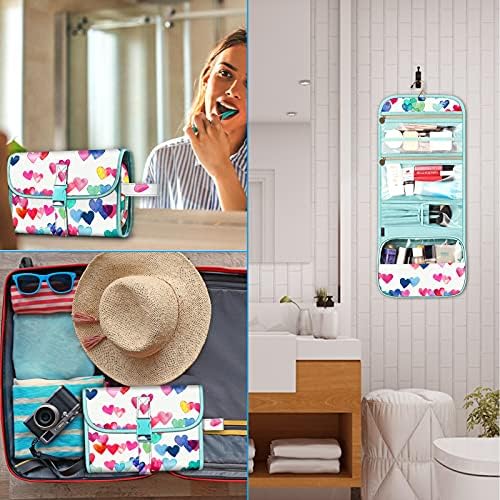 Fintie Portable Toiletry Cosmetic Travel Bag, Large Water Resistant Hanging Makeup Organizer Storage Pouch Case for Women Girls (Raining Hearts)