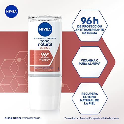 Clinical Whitening Deodorant Natural Tone / 96 hour protection antiperspirant for women in roll on/Pack of 3 (50 milliliters 1.7 Fl Oz)