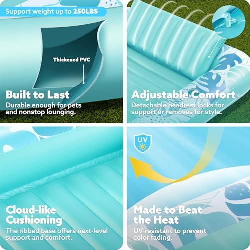 SLOOSH Inflatable Tanning Pool Lounger Float, 70" x 46" Pool Floats Adult with Pillow, 4 in 1 Suntan Tub Raft Floatie,Sunbathing Bed Lounge for Water Blow Up Kids Ball Pit Party Gifts, L-Cyan White