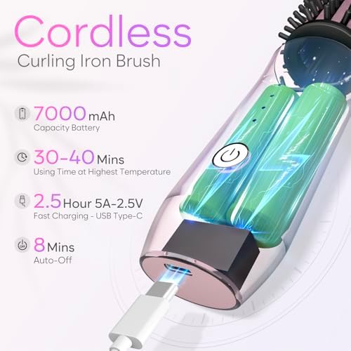 Cordless Curling Iron Brush, 2024 New Portable Travel Curling Iron Mini Brush for Women, 7000Mah USB Rechargeable Curling Wand Brush with Negative Ion, Pink