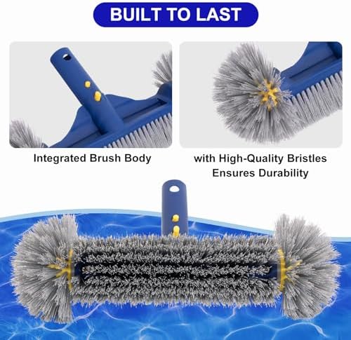 POOLAZA Premium Pool Brush with Round Ends - 12.5'' Head for Pool Walls, Tiles & Spa, High-Efficiency Scrub Brush
