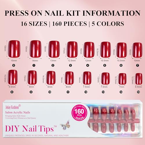 Press on Nails Short, Jofay Fashion 160Pcs Red Glitter Press On Nails Round, Bright Red Acrylic Fake Nails, Reusable Glue on Nails Stick on Nails for Women, Salon Quality, Valentines Nails, Ruby Red