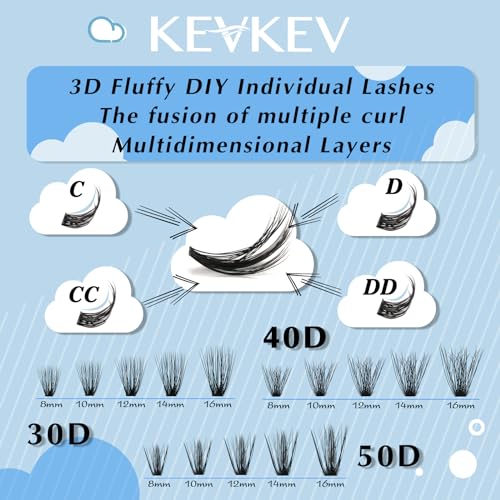 KevKev Lash Clusters Individual Lashes 3D Fluffy Eyelash Clusters 320 Pcs Cluster Lashes 30+40+50D Wispy Volume Lashes DIY Lash Extensions Thin Band & Soft (Fluffy 30+40+50D,D-8-16mix)