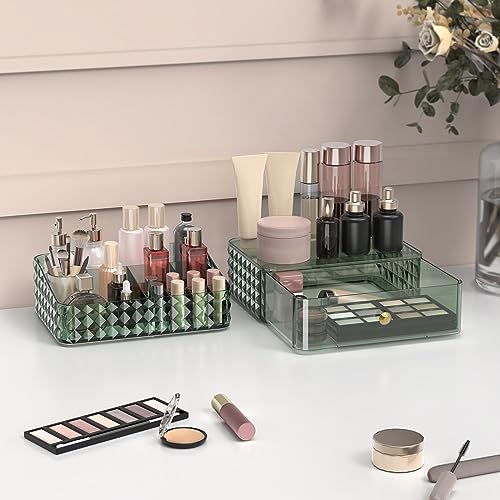 Makeup Organizer for Vanity, Stackable Cosmetics Organizer and Storage, Cosmetic Display Cases with 1 Drawers and 1 Tray for Makeup Brush, Hair Accessories, Lipstick and Jewelry, Green