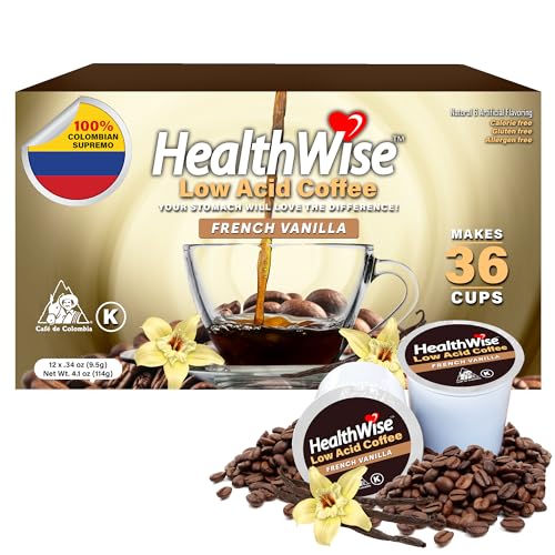 Healthwise Low Acid Coffee K-Cups French Vanilla 100% Colombian Coffee K-Cups - Medium Roast, Healthier Coffee For Sensitive Stomachs - 36 Count (Pack of 3)