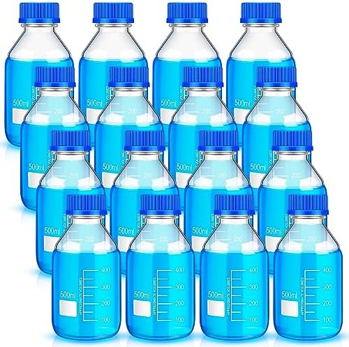 Chuarry 16 Pieces Media Storage Bottles Borosilicate Storage Glass Bottle Scientific Round Graduated Media Bottle with Blue Gl45 Screw Cap for Lab Water Reagent Liquids (500 ml)