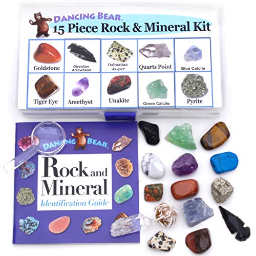 DANCING BEAR -15 Pc Rock & Mineral Collection with Collector Box/Display Case, ID Sheet, Rock Book, Magnifying Glass, Beginner Starter Set, Kids' Gemstone Crystal Kit, STEM Geology Science Education