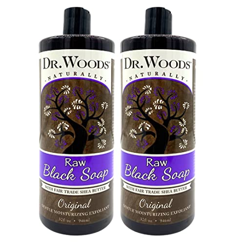 Dr. Woods Raw African Liquid Black Soap - Body Wash for Men and Women, Contains Organic Shea Butter, Gentle Exfoliant, Natural Cleanser for Face, Hands, and Body - 32 Fl Oz, Pack of 2