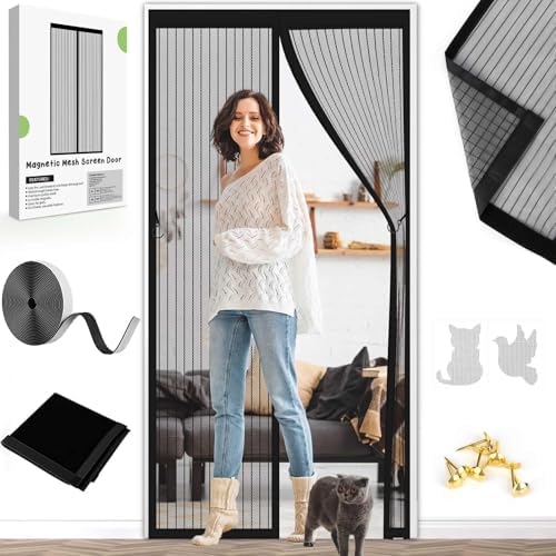 Magnetic Screen Door Closure Fit Door Size 30 x 78 Inch, BSHANO Mesh Door Curtain Screen Size 32" x 80" - 36 Stronger Magnets,Heavy Duty,Hands Free Mesh Partition Keeps Bugs Out- Pet and Kid Friendly