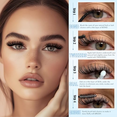 Lash Clusters Kit 360 Clusters Lash Extension Kit 60D+80D DIY Eyelash Extensions Kits C curl Individual Wispy Lashes Cluster Natural Eye Lash Extension Trays with Glue&Tweezers for Beginners