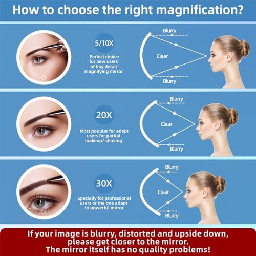 Magnifying Mirror with Light 30X, Large 6" Rechargeable 3 Colors Modes Dimming Lighted Makeup Mirror with 30X Magnification, LED Travel Magnified Mirror with 3 Suction Cups and 360° Table Stand