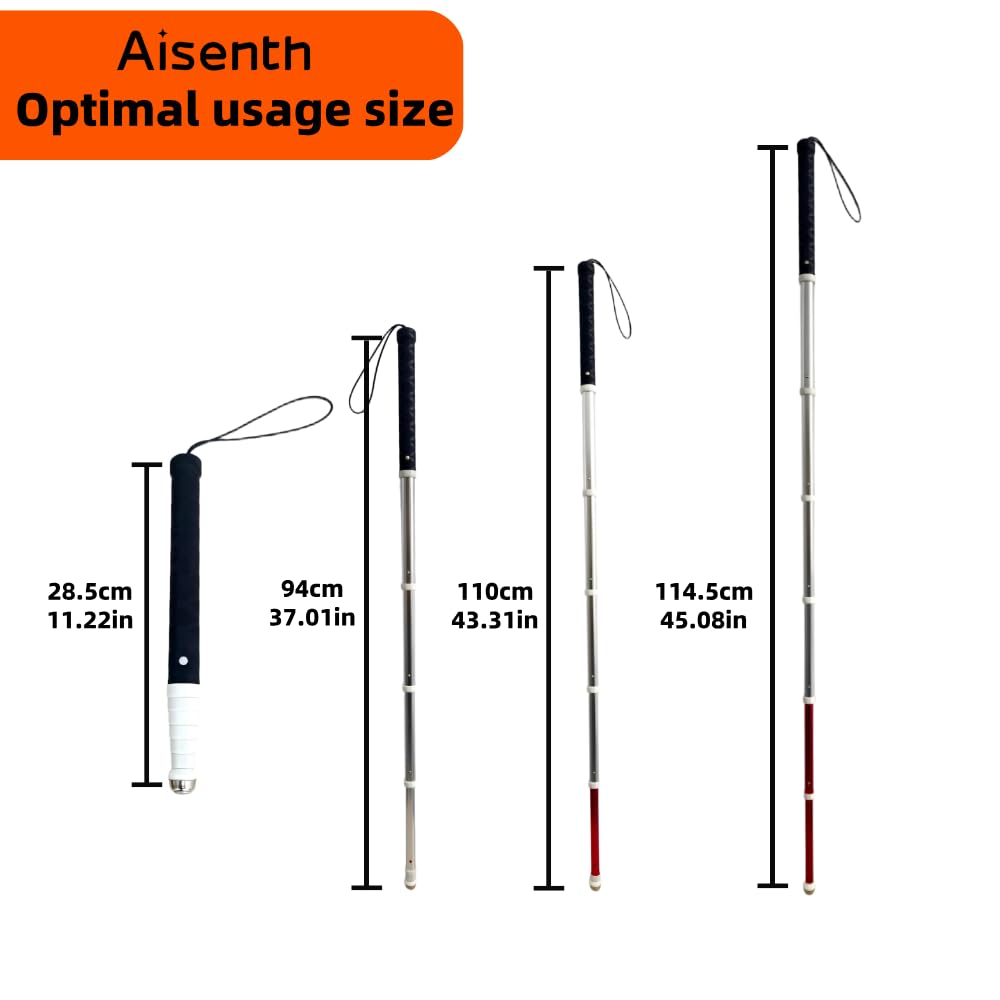 Aisenth Telescopic Retractable White Cane for Blind-Foldable Mobility Stick with Wrist Strap&Storage Pouch,Non-Slip Sweat-Absorbent Handle,Fixed Alloy Tip|Lightweight Portable Blind Walking Cane Stick