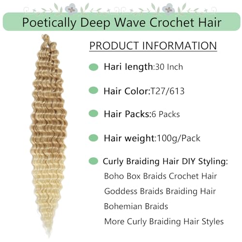 Curly Braiding Hair,30 Inch Deep Wave Braiding Hair,T27/613 Color Ocean Wave Crochet Hair for Black Women,6 packs Ombre Long Deep Wave Crochet Hair, Wavy Braiding Hair for Boho Braids