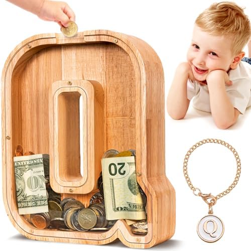 SummiDate Wooden Letter Piggy Bank| Piggy Bank for Boys Girls Toddler| Alphabet Q Money Bank| Coin Bank Birthday Gift for Kids|Birthday Gift for Kids (Q)
