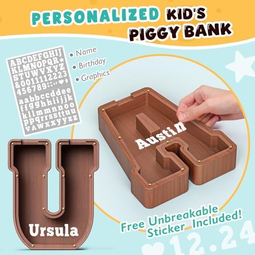 Summidate Wooden Letter Piggy Bank, Extra Thick Large Capacity Piggy Bank for Kids Boys Girls Toddler, Alphabet U Money Bank| Coin Box Birthday, Christmas, Festival