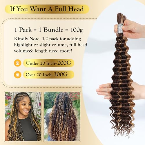 Highlighted Honey Blonde Braiding Human Hair for Boho Knotless Braids 18 Inch 100G FULL BULK, Ombre 4/27 Curly Braiding Hair Deep Wave Human Hair Bulk, No Weft Blonde & Brown Hair Extensions